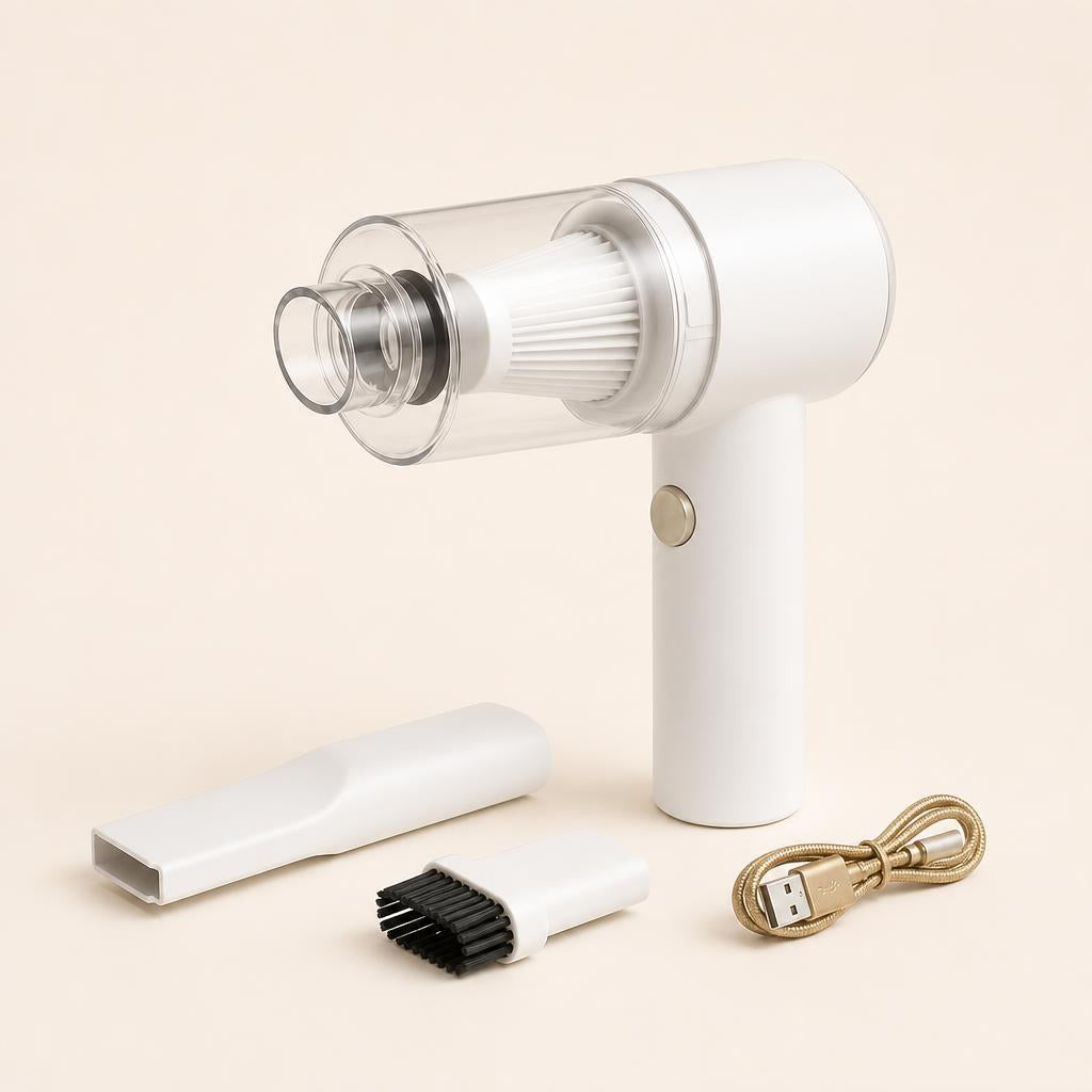 Mini aspiradora de mano inalámbrica blanca con boquilla, cepillo y cable USB