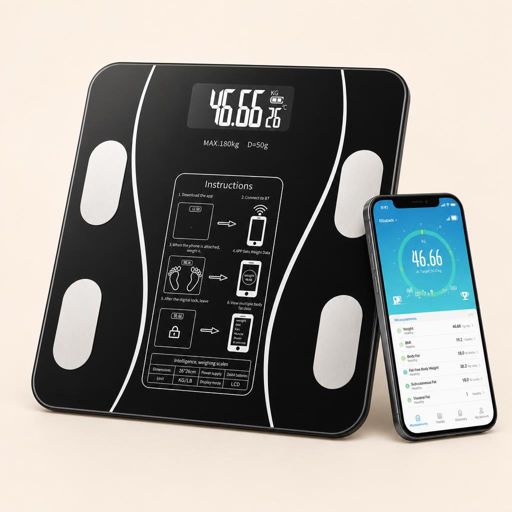 Báscula inteligente Bluetooth negra de vidrio templado con la app en el celular
