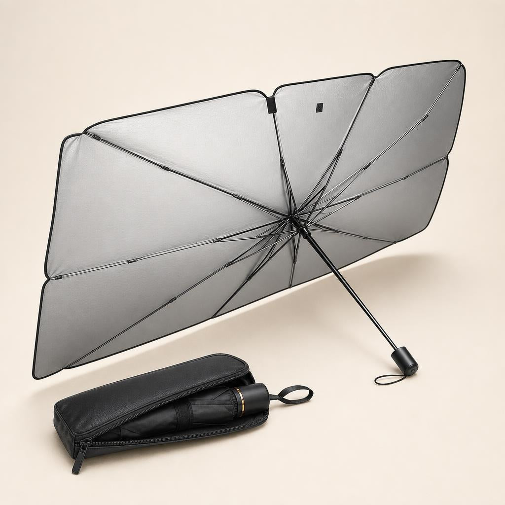 Parasol tipo paraguas para parabrisas abierto con su estuche