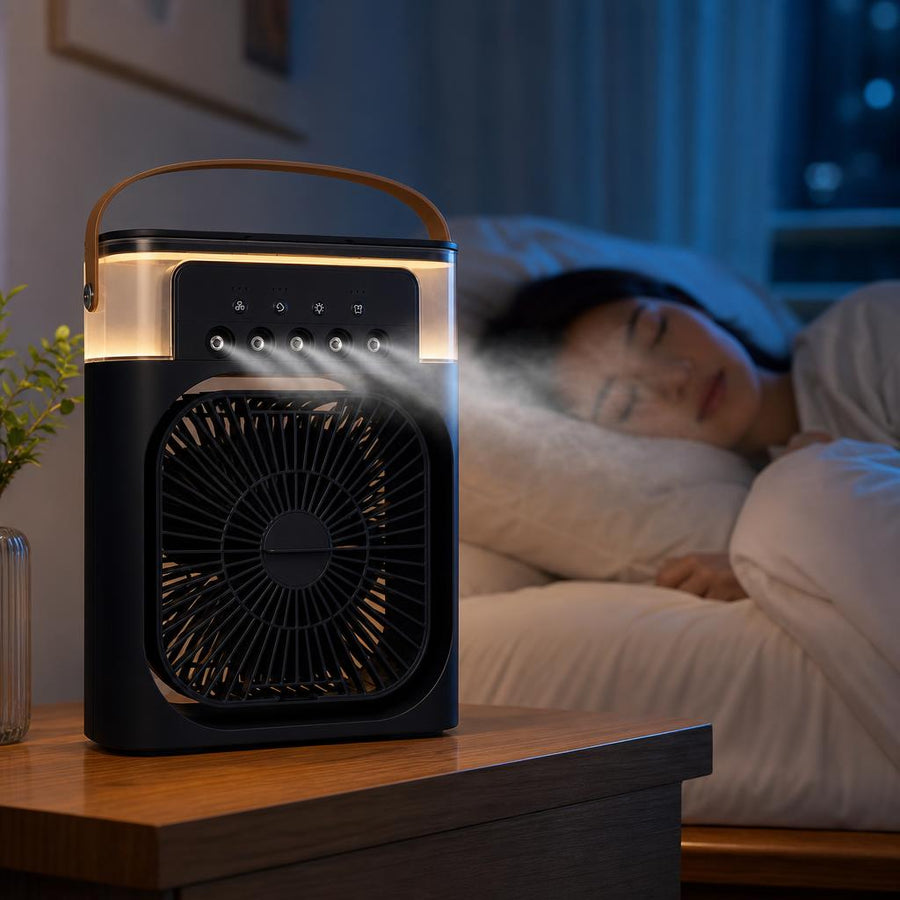 Mini enfriador de aire refrescando el dormitorio