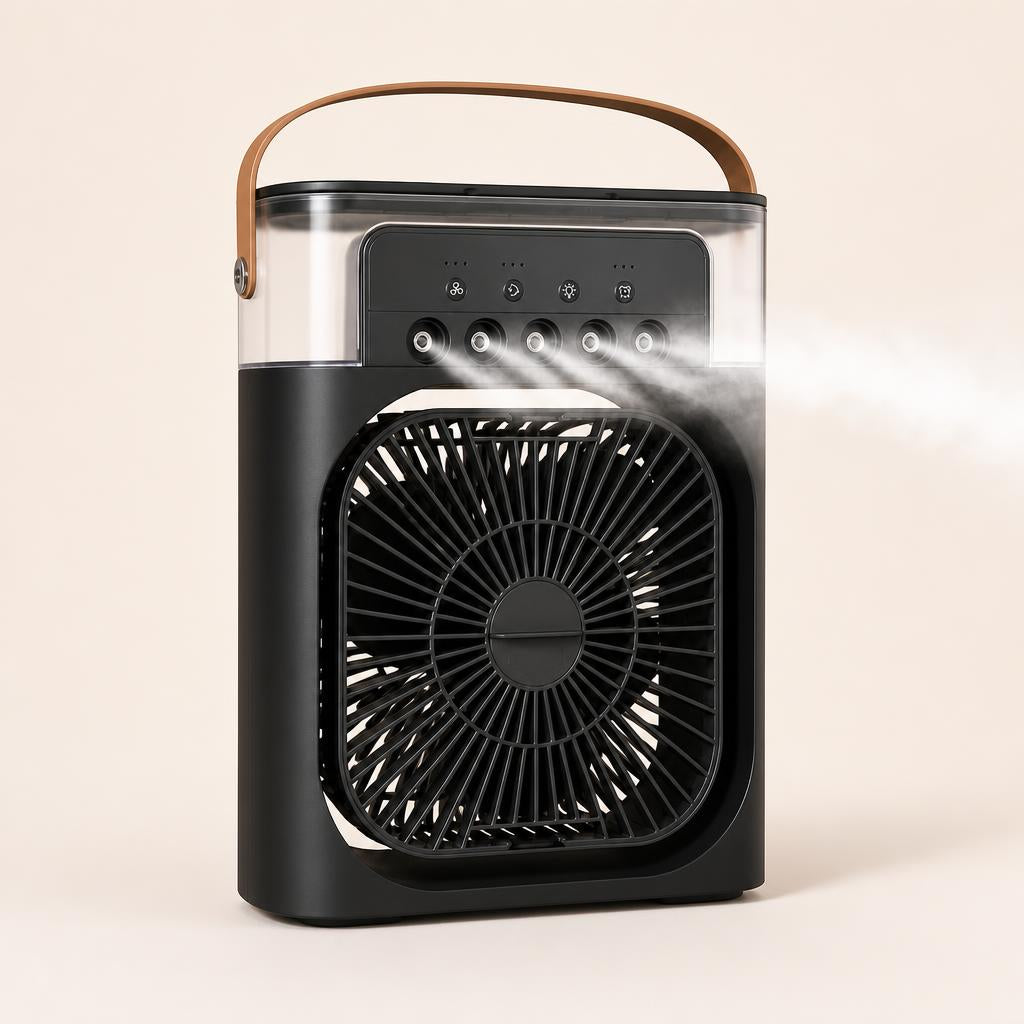 Mini enfriador de aire portátil negro con humidificador y asa de cuero