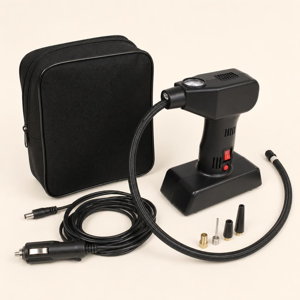 Inflador de neumáticos portátil 12V con bolso y adaptadores