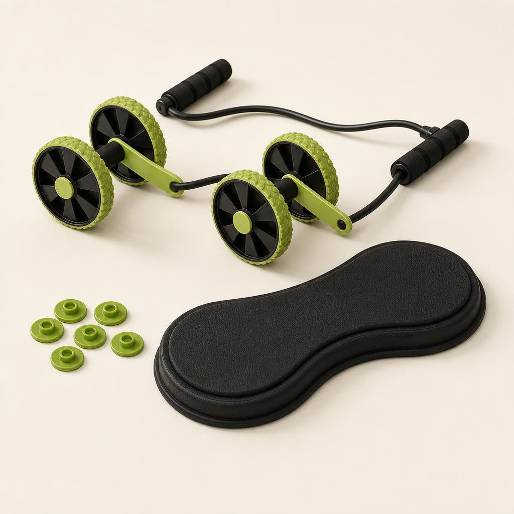 Kit de abdominales con 4 ruedas, bandas de resistencia y rodillera